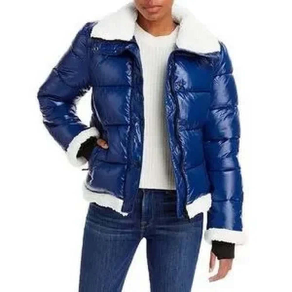 Avec Les Filles Shiny Cropped Sherpa Lined Puffer Coat Jacket in Blue, Size M - Picture 7 of 7
